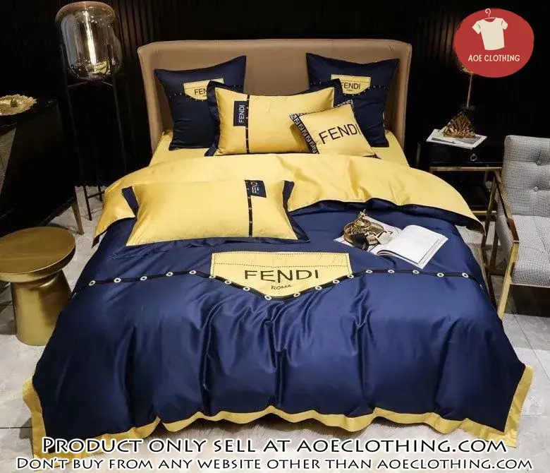 Fendi blue yellow luxury brand premium bedding set bedspread duvet cover set home decor aoe0812054